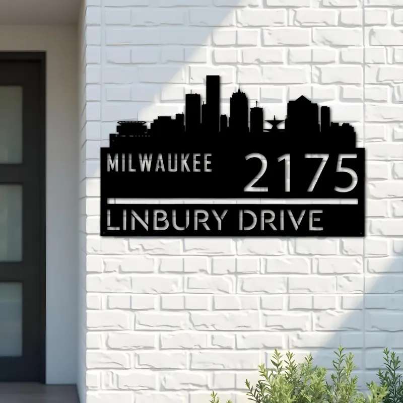 Custom Metal Milwaukee city skyline Metal Address Sign Hanging Address Plaque house number Yard Outdoor Sign