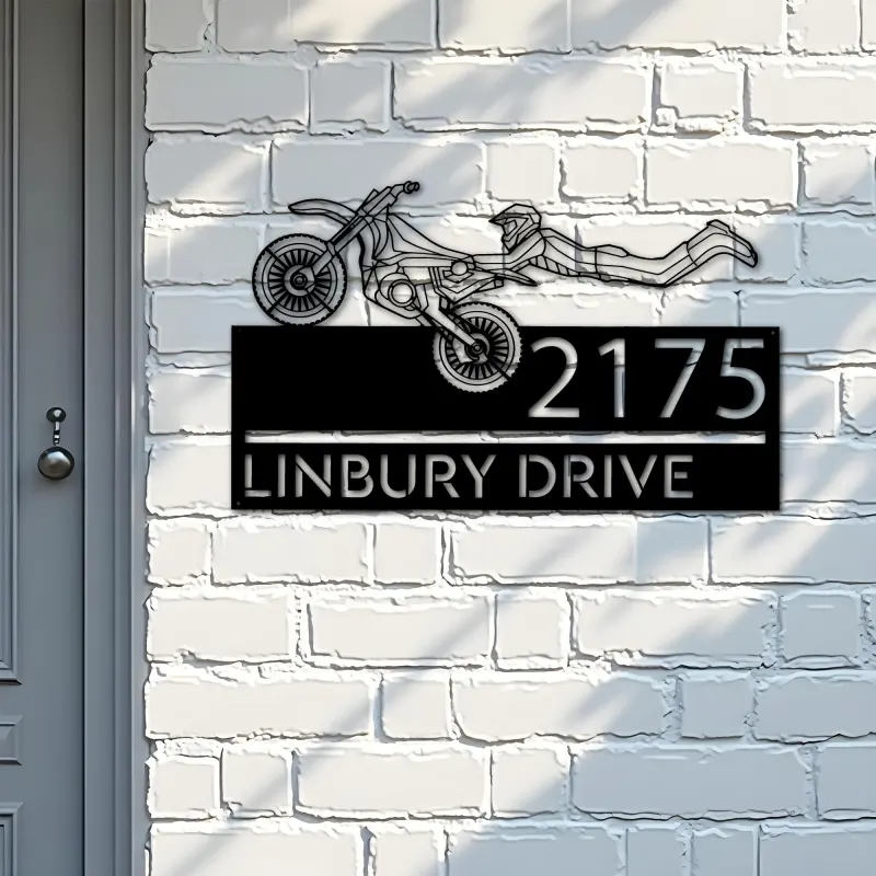 Custom Metal Motocross dirtbike biker Metal Address Sign, House number, Outdoor Number Signage, Yard Sign Address Plate
