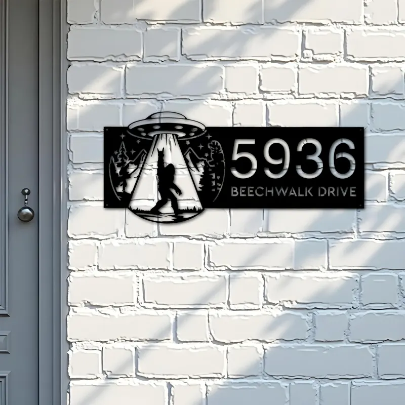Custom Metal Bigfoot Sasquatch UFO Metal Address Sign, House number, Outdoor Number Signage, Yard Sign Address Plate