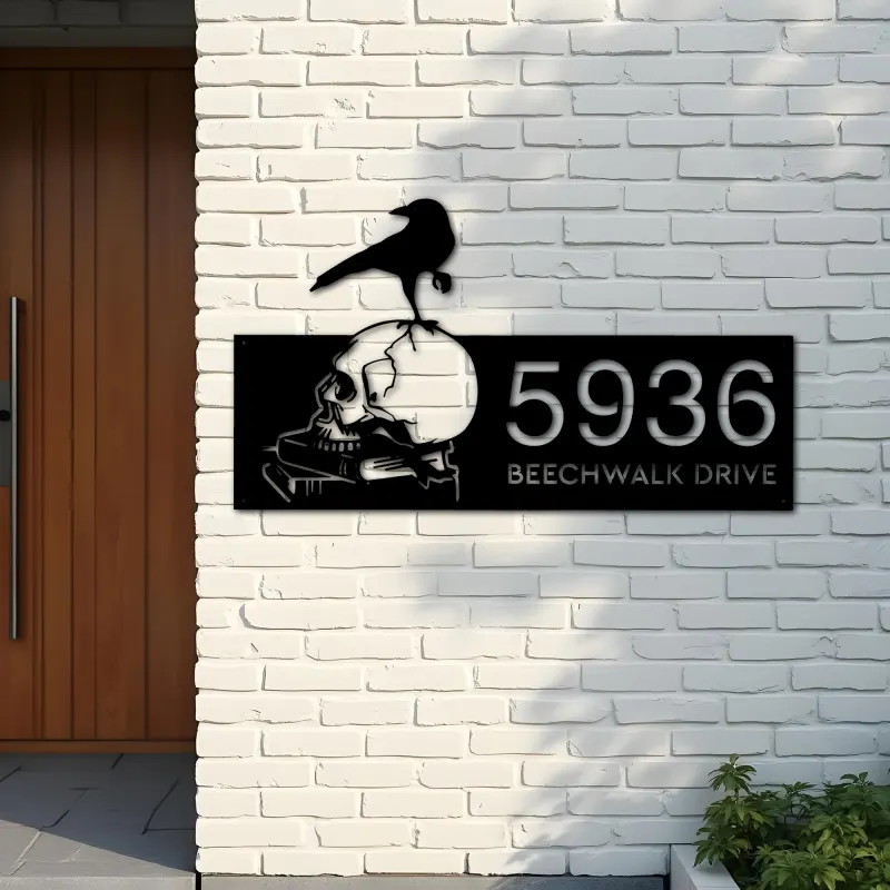 Custom Metal Raven on skull halloween Metal Address Sign, House number, Outdoor Number Signage, Yard Sign Address Plate