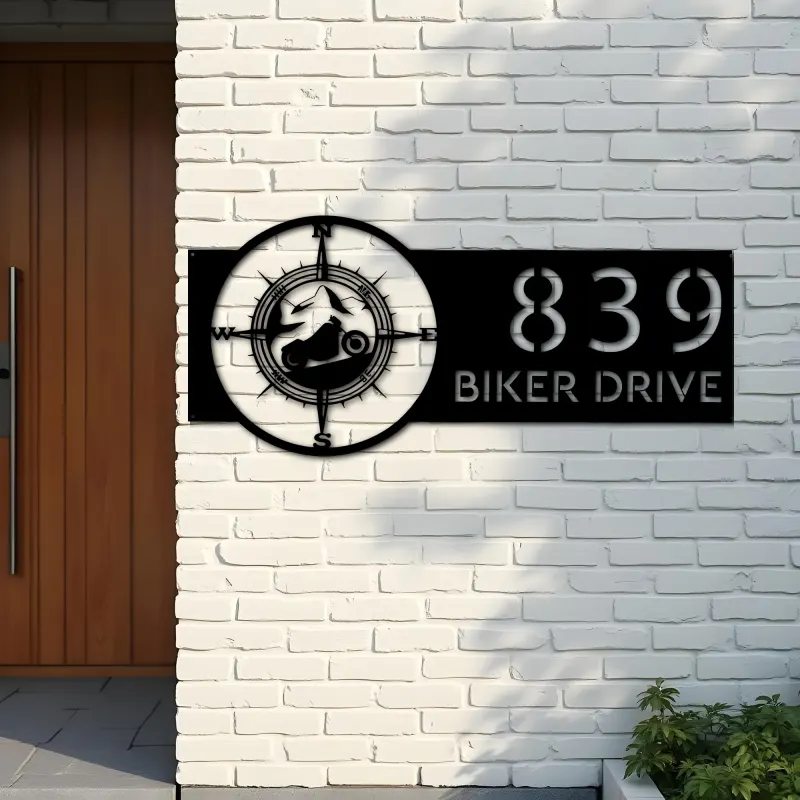 Custom Metal Motorcycle mountain compass Biker Metal Address Sign, House number, Outdoor Number Signage, Yard Sign Address Plate