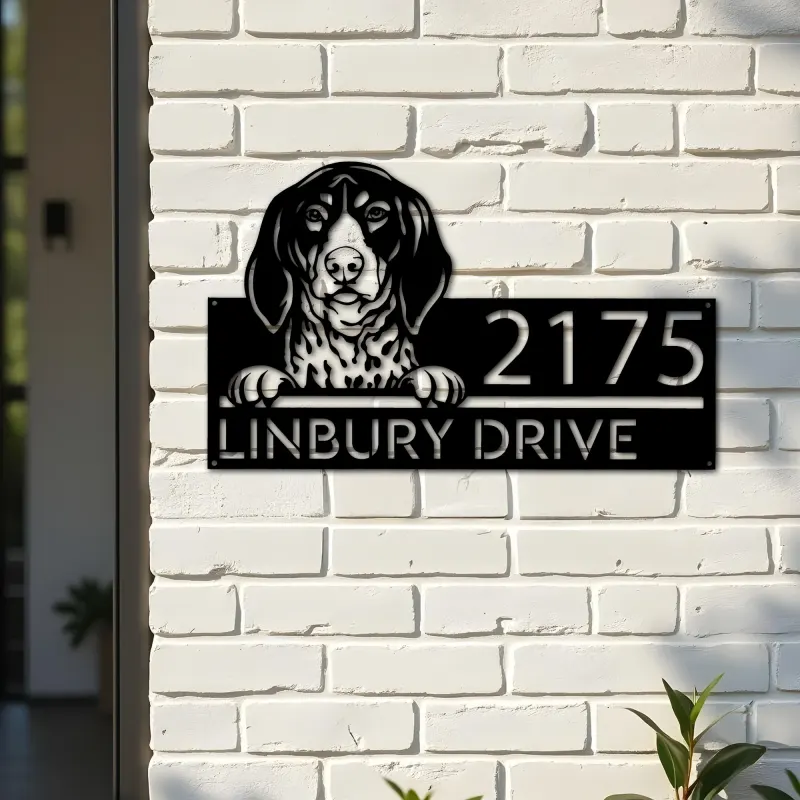 Custom Metal Bluetick coonhound dog cute puppy Metal Address Sign House number Hanging Address Plaque Yard Sign Outdoor decor