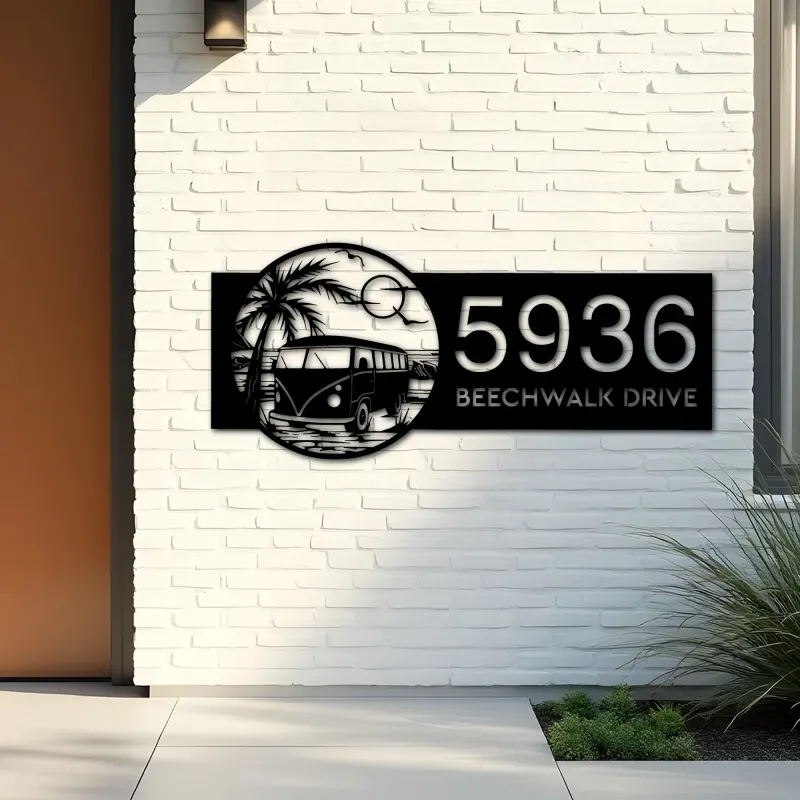 Custom Metal Palm Trees and Camper Van on Sea Beach Metal Address Sign, House number, Outdoor Number Signage, Yard Sign Address Plate