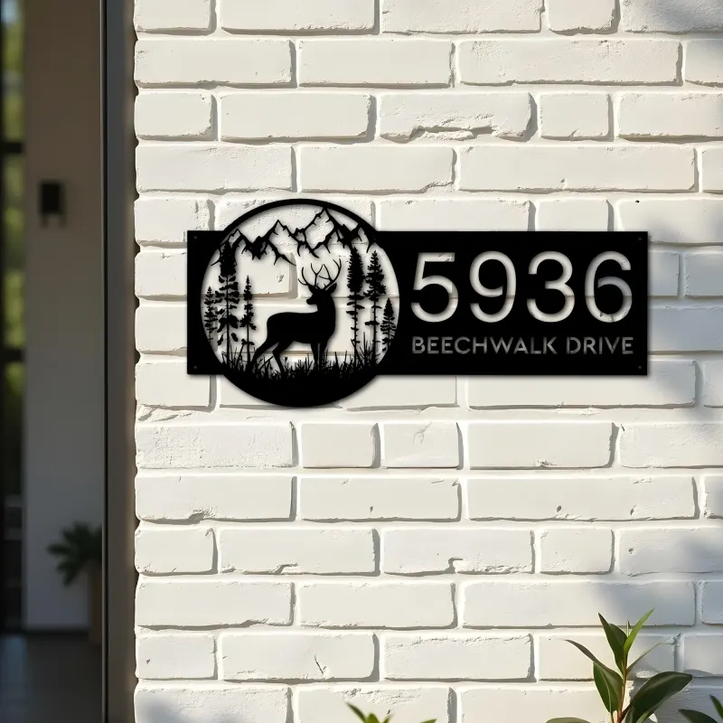 Custom Metal Deer forest scene wild life Metal Address Sign, House number, Outdoor Number Signage, Yard Sign Address Plate