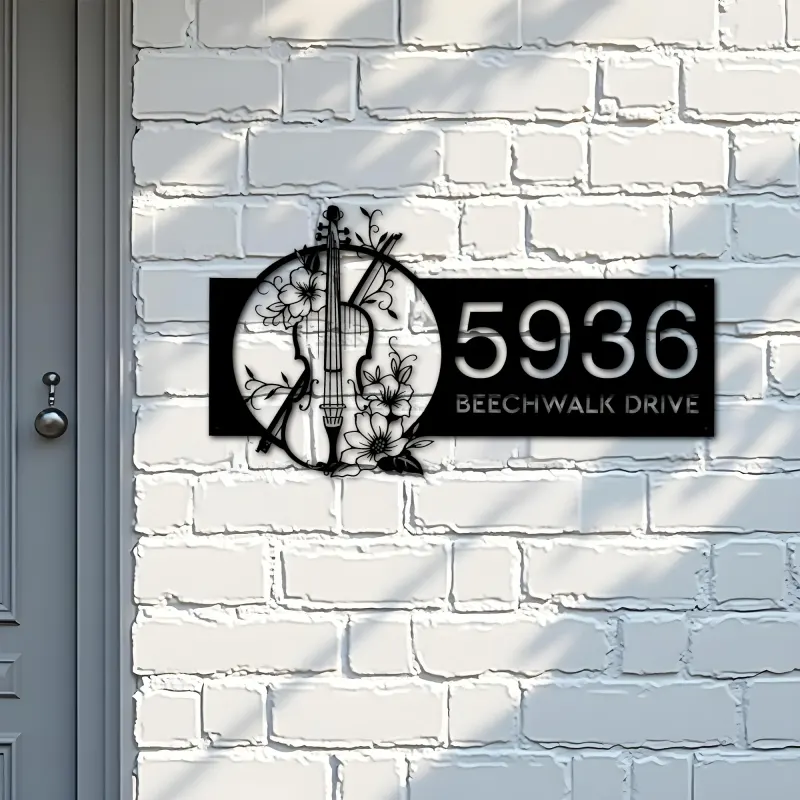 Custom Metal Floral Violin Violin player Metal Address Sign, House number, Outdoor Number Signage, Yard Sign Address Plate