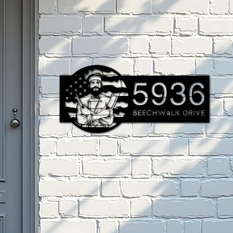 Custom Metal Chef cook cooking US flag Metal Address Sign, House number, Outdoor Number Signage, Yard Sign Address Plate