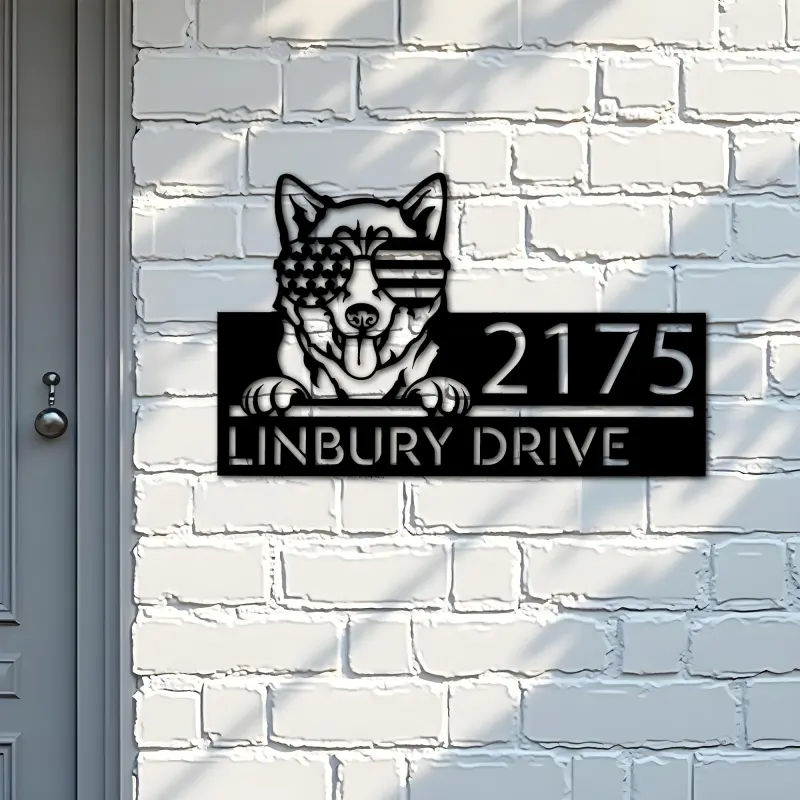 Custom Metal Husky dog US flag glasses Metal Address Sign House number Hanging Address Plaque Yard Sign Outdoor decor
