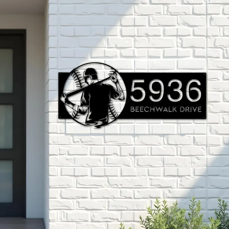 Custom Metal Baseball player Sport Metal Address Sign, House number, Outdoor Number Signage, Yard Sign Address Plate001