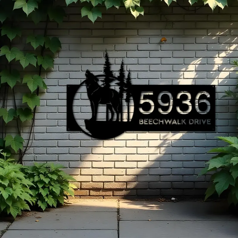 Custom Metal Wolf wild life mountain forest Metal Address Sign, House number, Outdoor Number Signage, Yard Sign Address Plate
