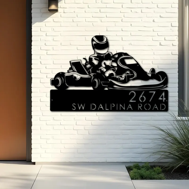 Custom Metal Go kart driver racing Metal Address Sign, House number, Outdoor Number Signage, Yard Sign Address Plate
