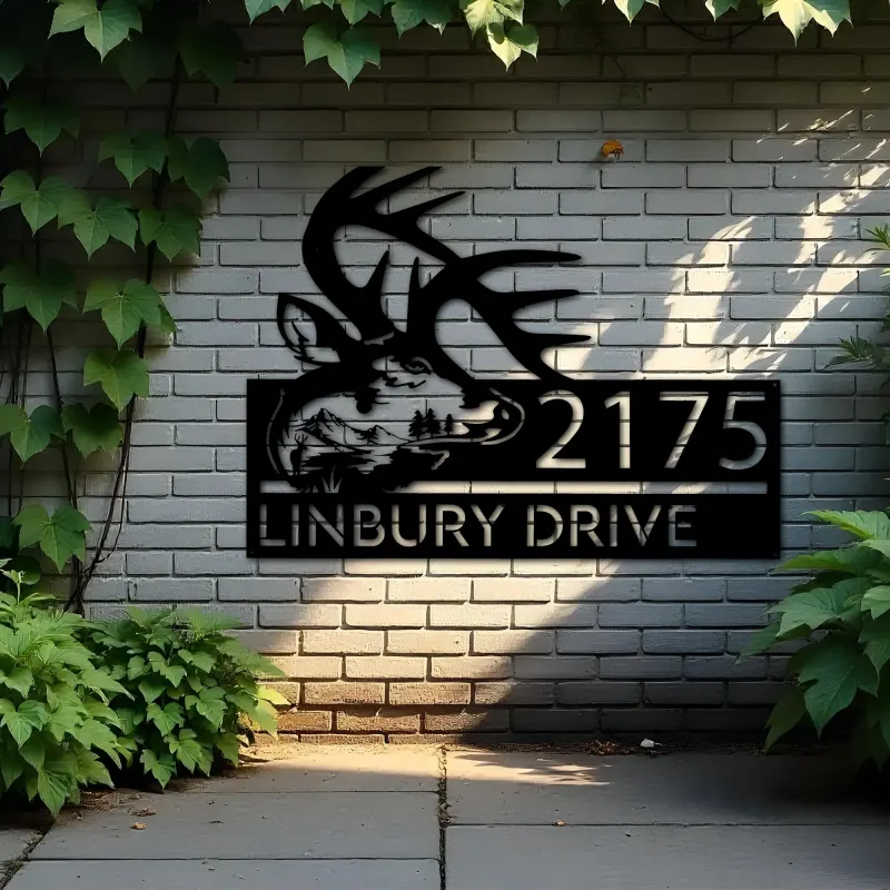 Custom Metal Deer buck head mountain scene Wild life Metal Address Sign, House number, Outdoor Number Signage, Yard Sign Address Plate
