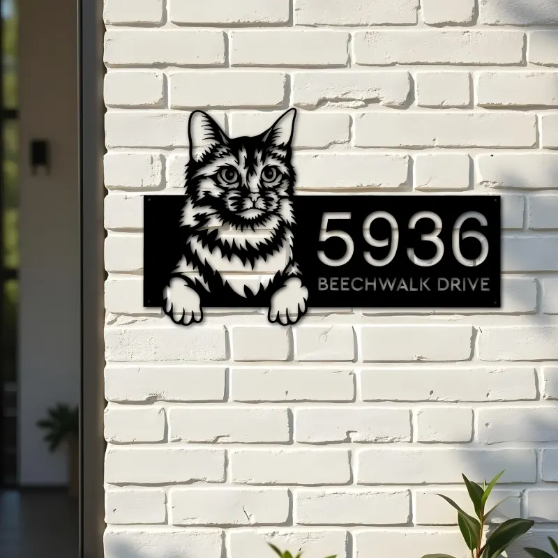 Custom Metal Somali Cute peeking cat kitten Metal Address Sign, House number, Outdoor Number Signage, Yard Sign Address Plate
