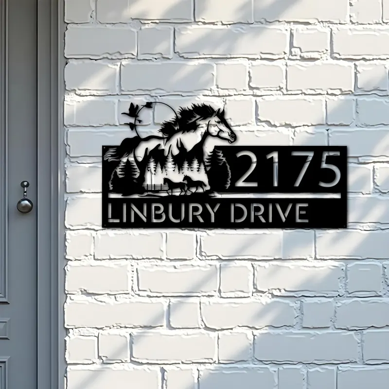 Custom Metal Running horse mountain forest scene Metal Address Sign, House number, Outdoor Number Signage, Yard Sign Address Plate