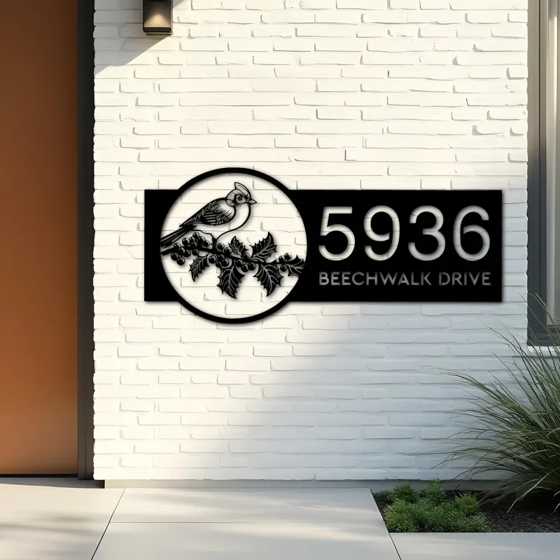 Custom Metal Red cardinal bird Metal Address Sign, House number, Outdoor Number Signage, Yard Sign Address Plate