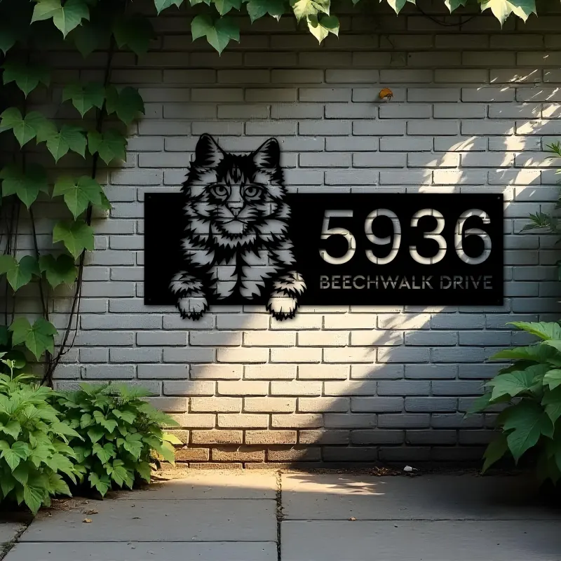 Custom Metal Main coon Cute peeking cat kitten Metal Address Sign, House number, Outdoor Number Signage, Yard Sign Address Plate
