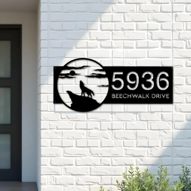Custom Metal Wolf howling full moon wild animal Metal Address Sign, House number, Outdoor Number Signage, Yard Sign Address Plate