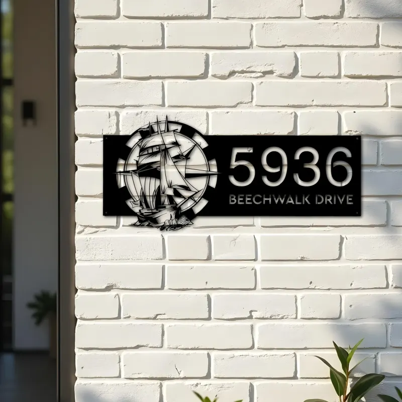 Custom Metal Ship with compass sailing Metal Address Sign, House number, Outdoor Number Signage, Yard Sign Address Plate