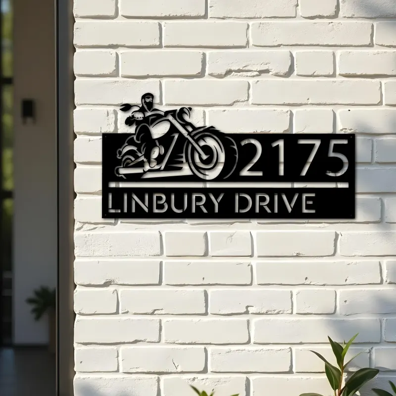 Custom Metal Biker motorcycle rider Metal Address Sign, House number, Outdoor Number Signage, Yard Sign Address Plate