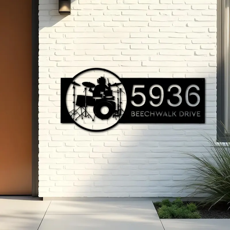 Custom Metal Drummer Drum player musician Metal Address Sign, House number, Outdoor Number Signage, Yard Sign Address Plate