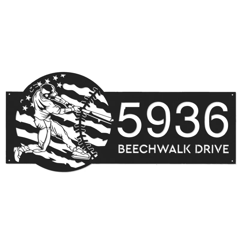 Custom Metal Baseball player distressed US flag Metal Address Sign, House number, Outdoor Number Signage, Yard Sign Address Plate
