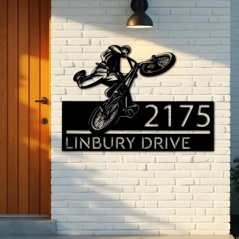 Custom Metal BMX Bicycle freestyle Metal Address Sign, House number, Outdoor Number Signage, Yard Sign Address Plate