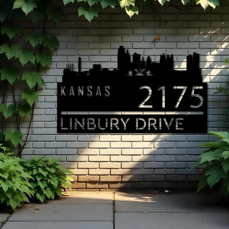 Custom Metal Kansas city skyline Metal Address Sign Hanging Address Plaque house number Yard Outdoor Sign