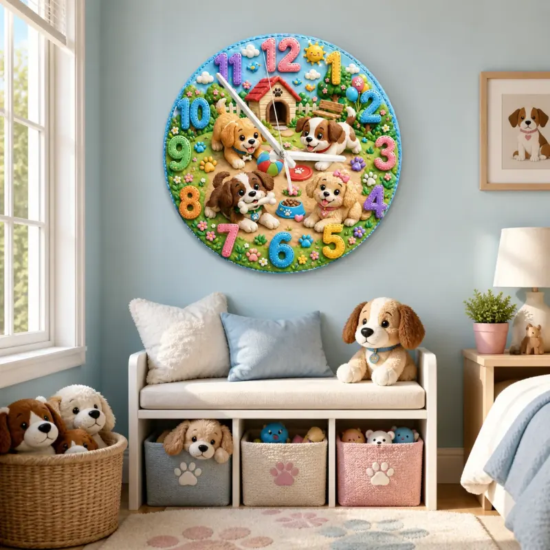 Playful Puppy Dogs Kids Room Wall Clock