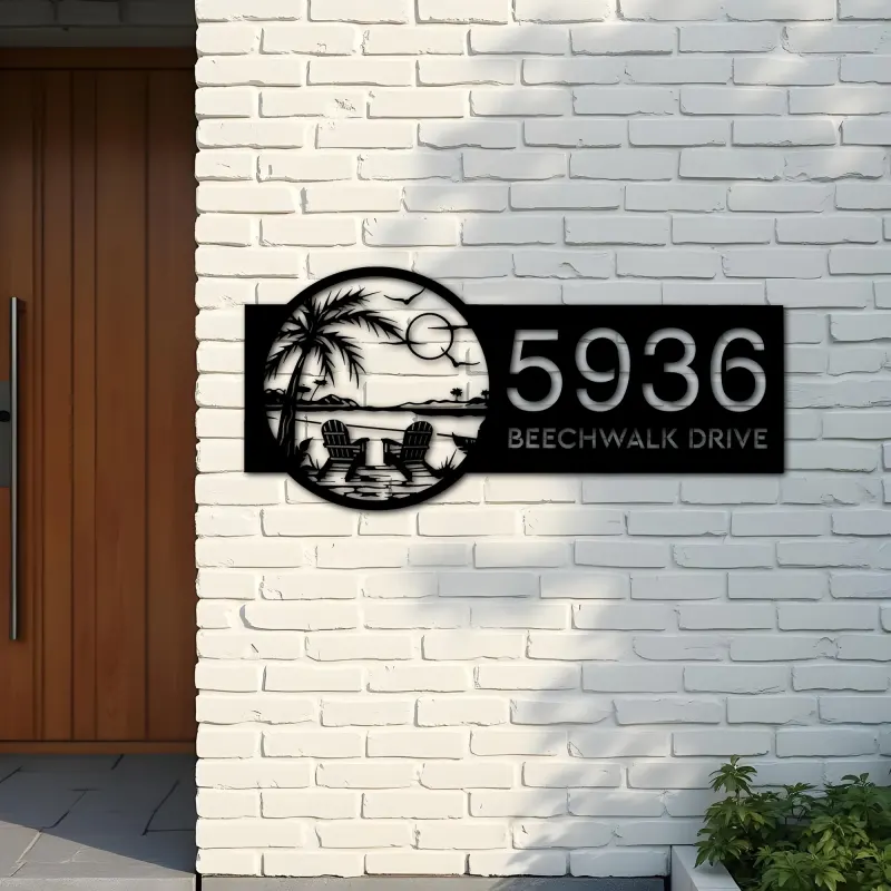 Custom Metal Palm Tree with Chairs on Beach Metal Address Sign, House number, Outdoor Number Signage, Yard Sign Address Plate