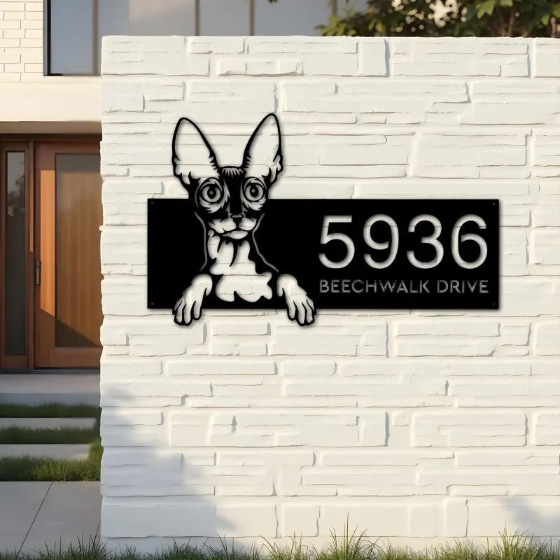 Custom Metal Cornish rex Cute peeking cat kitten Metal Address Sign, House number, Outdoor Number Signage, Yard Sign Address Plate