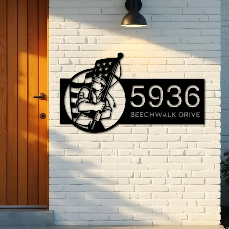 Custom Metal American soldier holding US flag Metal Address Sign, House number, Outdoor Number Signage, Yard Sign Address Plate