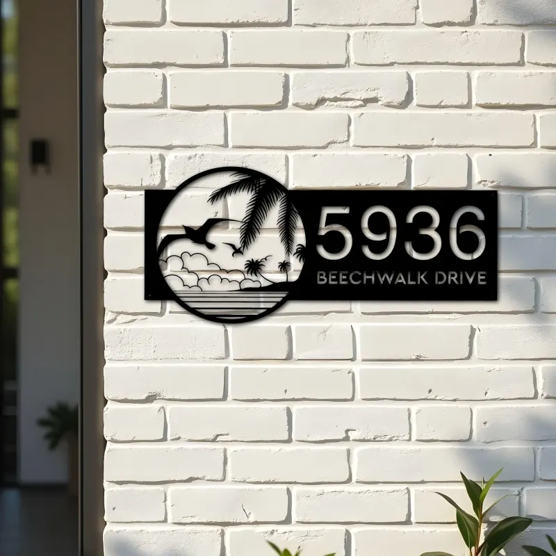 Custom Metal Birds island palm tree Metal Address Sign House number Hanging Address Plaque Yard Sign Outdoor