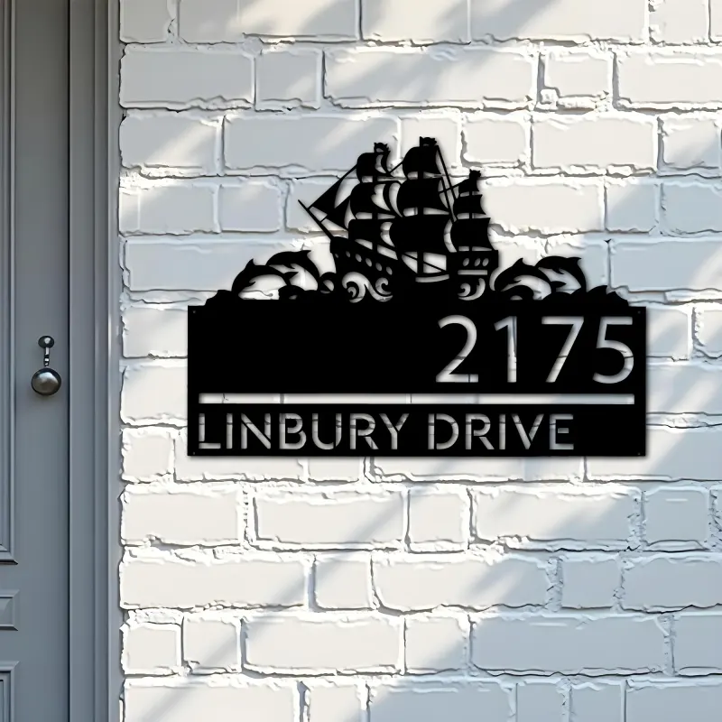 Custom Metal Boat with dolphins Metal Address Sign, House number, Outdoor Number Signage, Yard Sign Address Plate