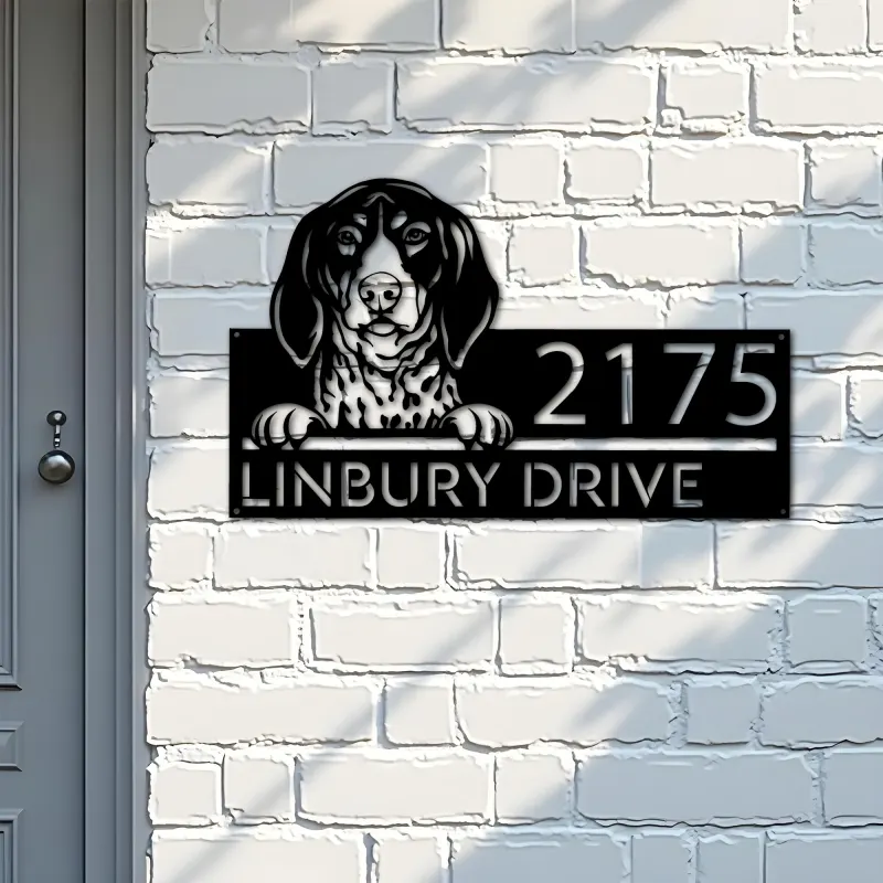 Custom Metal Bluetick coonhound dog cute puppy Metal Address Sign House number Hanging Address Plaque Yard Sign Outdoor decor