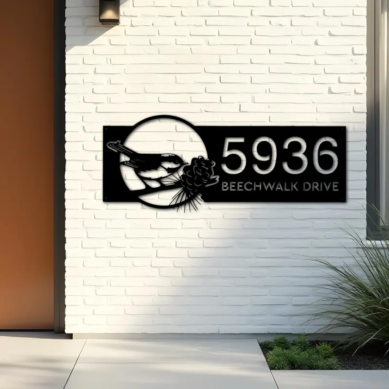 Custom Metal Bird with pinecone Metal Address Sign, House number, Outdoor Number Signage, Yard Sign Address Plate