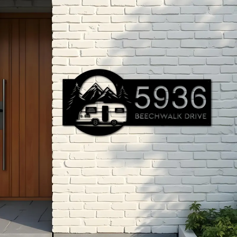 Custom Metal Camping trailer adventure Metal Address Sign Custom House number Hanging Address Plaque Yard Sign Outdoor
