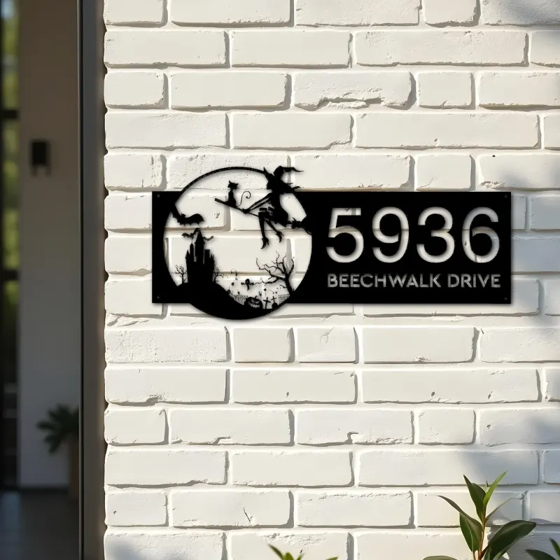 Custom Metal Witch and black cat flying Halloween Metal Address Sign, House number, Outdoor Number Signage, Yard Sign Address Plate