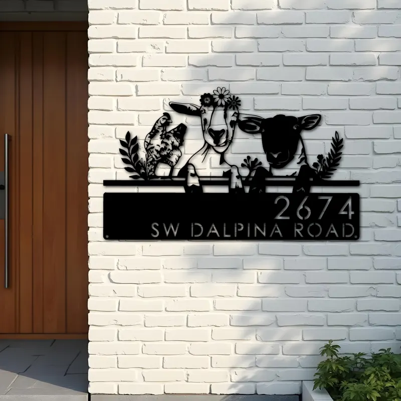 Custom Metal Goat sheep chicken farmhouse farm animals Metal Address Sign, House number, Outdoor Number Signage, Yard Sign Address Plate