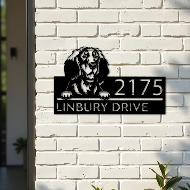 Custom Metal Golden setter dog Puppy Metal Address Sign House number Hanging Address Plaque Yard Sign Outdoor decor