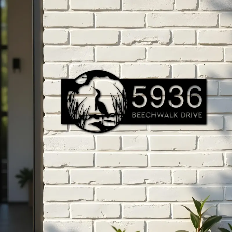 Custom Metal Heron on Lake Metal Address Sign Custom House number Hanging Address Plaque Yard Sign Outdoor