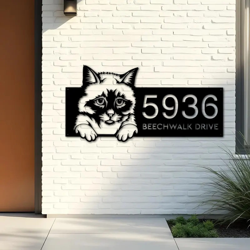 Custom Metal Birman Cute peeking cat kitten Metal Address Sign, House number, Outdoor Number Signage, Yard Sign Address Plate