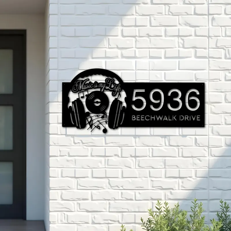 Custom Metal Music is my life headset Metal Address Sign Custom House number Hanging Address Plaque Yard Sign Outdoor