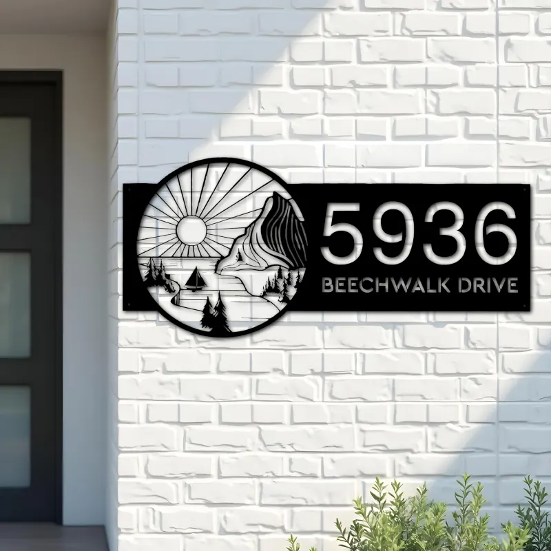 Custom Metal Sun mountain river scene Metal Address Sign, House number, Outdoor Number Signage, Yard Sign Address Plate