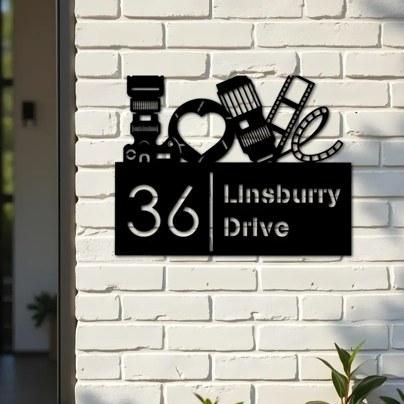 Custom Metal Love Photography Camera Photographer Metal Address Sign, House number, Outdoor Number Signage, Yard Sign Address Plate