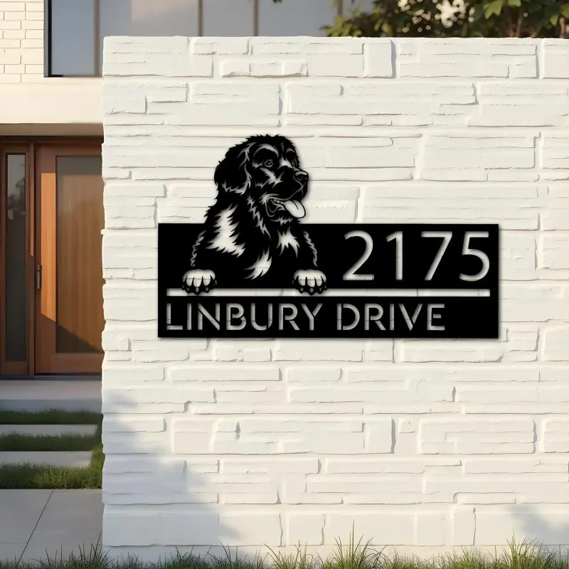 Custom Metal Newfoundland dog Puppy Metal Address Sign House number Hanging Address Plaque Yard Sign Outdoor decor