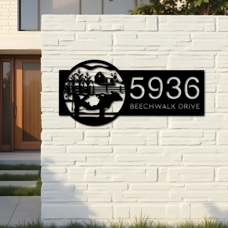 Custom Metal Cow Farm house Ranch Metal Address Sign, House number, Outdoor Number Signage, Yard Sign Address Plate