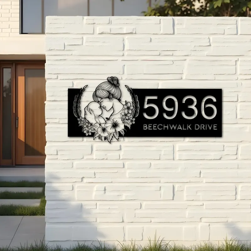 Custom Metal Floral Mom And Baby Metal Address Sign, House number, Outdoor Number Signage, Yard Sign Address Plate