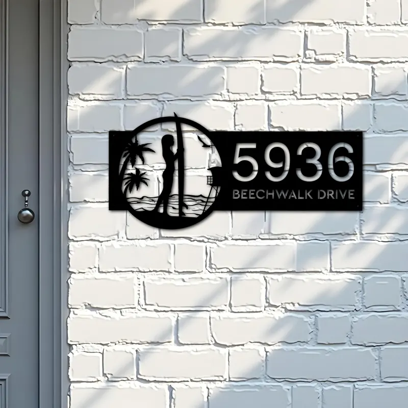 Custom Metal Longboard Female Surfer Metal Address Sign, House number, Outdoor Number Signage, Yard Sign Address Plate