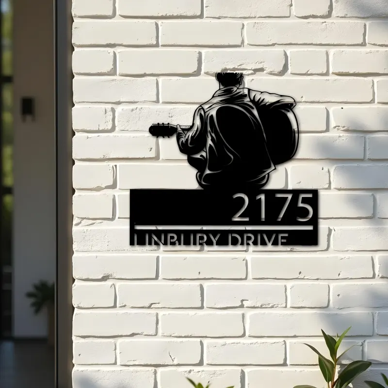 Custom Metal Man playing guitar guitarist Metal Address Sign, House number, Outdoor Number Signage, Yard Sign Address Plate