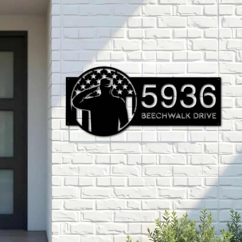 Custom Metal US soldier American Flag Veteran Metal Address Sign, House number, Outdoor Number Signage, Yard Sign Address Plate