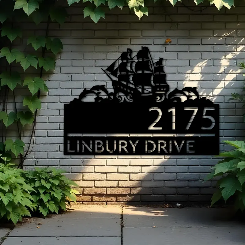 Custom Metal Boat with dolphins Metal Address Sign, House number, Outdoor Number Signage, Yard Sign Address Plate